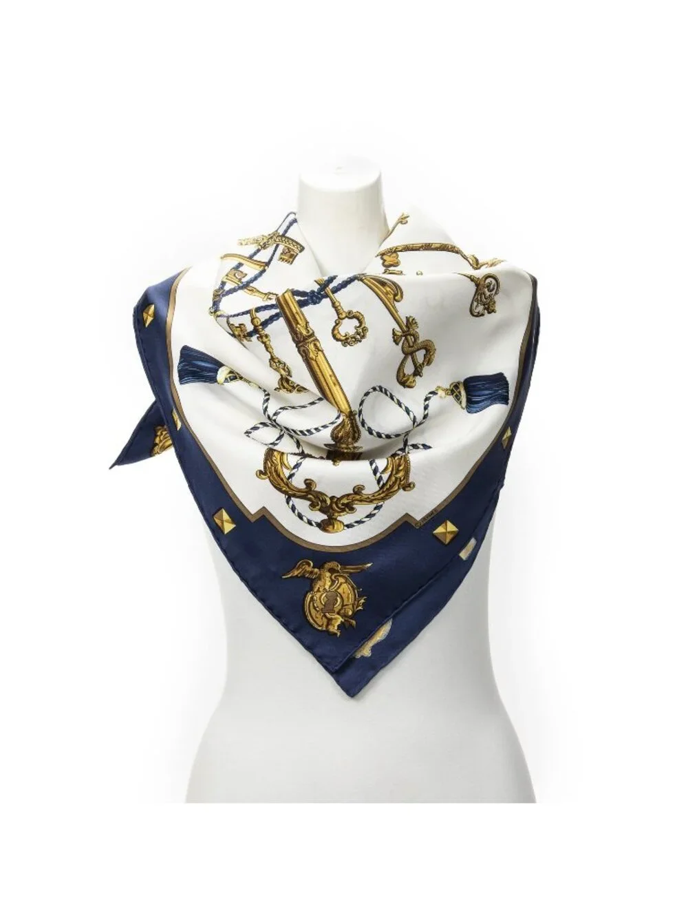 Hermes Scarf Navy Ivory Gold Silk